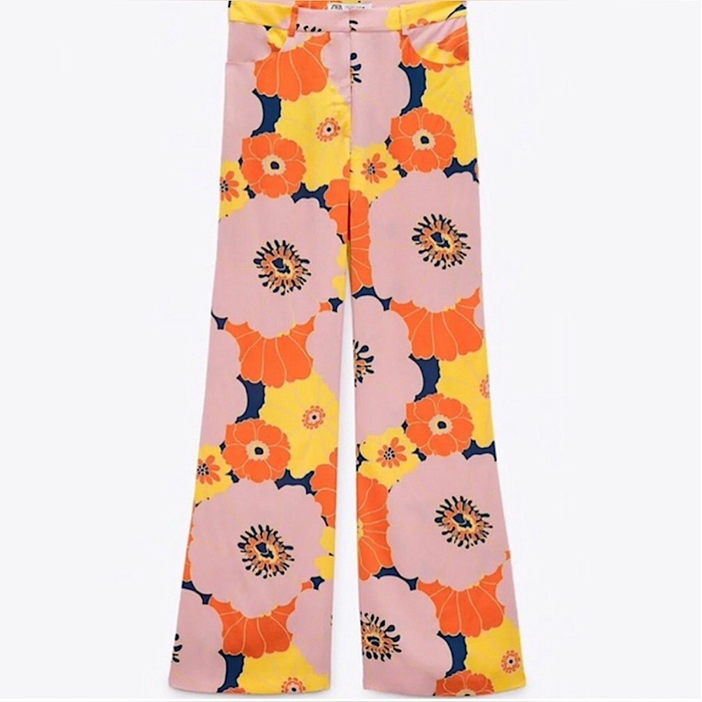 Zara Floral Wide-Leg Pants in Pink & Orange